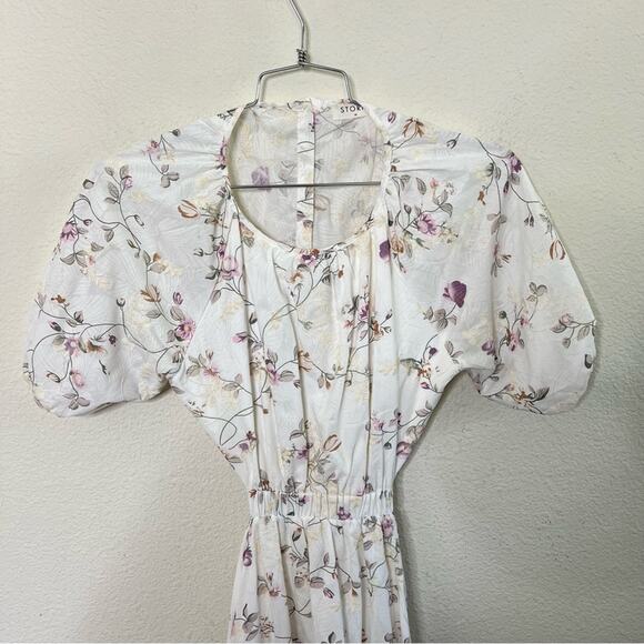 Storia Midi Dress Floral Embroidered Open Back Puff Sleeve Womens Size M - Picture 6 of 11